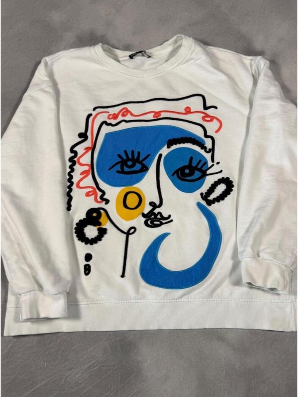 Zara Abstract Face Art Appliqué Sweatshirt White Blue Yellow Size Small